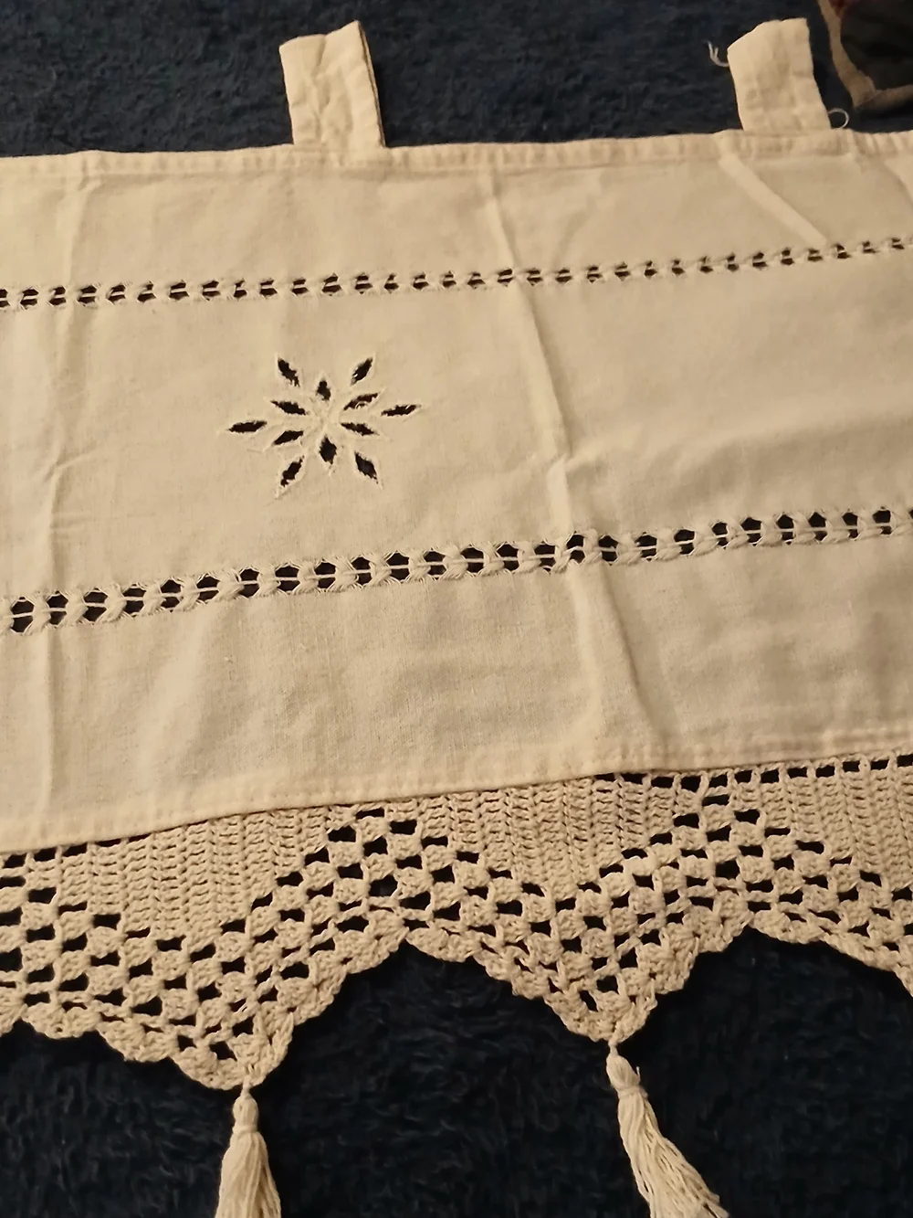 2-Beige Crochet Trim Kitchen Valance Curtain - Neutral Linen Window Treatment